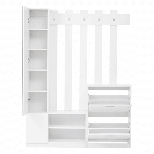 Conjunto de guarda-roupa 135x25x180 cm - com espelho, armário de corredor, prateleira suspensa, com 2 portas basculantes para sapatos + 2 armários de arrumação - Branco Conjunto de guarda-roupa 135x25x180 cm - com espelho, armário de corredor, prateleira suspensa, com 2 portas basculantes para sapatos + 2 armários de arrumação - Branco