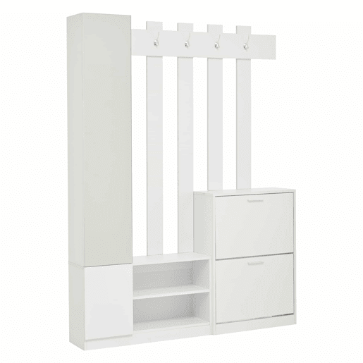 Conjunto de guarda-roupa 135x25x180 cm - com espelho, armário de corredor, prateleira suspensa, com 2 portas basculantes para sapatos + 2 armários de arrumação - Branco Conjunto de guarda-roupa 135x25x180 cm - com espelho, armário de corredor, prateleira suspensa, com 2 portas basculantes para sapatos + 2 armários de arrumação - Branco