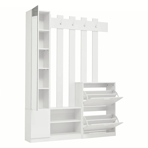 Conjunto de guarda-roupa 135x25x180 cm - com espelho, armário de corredor, prateleira suspensa, com 2 portas basculantes para sapatos + 2 armários de arrumação - Branco Conjunto de guarda-roupa 135x25x180 cm - com espelho, armário de corredor, prateleira suspensa, com 2 portas basculantes para sapatos + 2 armários de arrumação - Branco