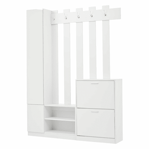 Conjunto de guarda-roupa 135x25x180 cm - com espelho, armário de corredor, prateleira suspensa, com 2 portas basculantes para sapatos + 2 armários de arrumação - Branco Conjunto de guarda-roupa 135x25x180 cm - com espelho, armário de corredor, prateleira suspensa, com 2 portas basculantes para sapatos + 2 armários de arrumação - Branco