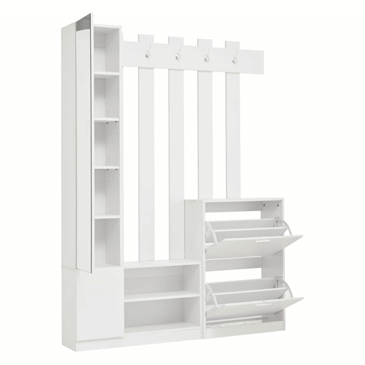 Conjunto de guarda-roupa 135x25x180 cm - com espelho, armário de corredor, prateleira suspensa, com 2 portas basculantes para sapatos + 2 armários de arrumação - Branco Conjunto de guarda-roupa 135x25x180 cm - com espelho, armário de corredor, prateleira suspensa, com 2 portas basculantes para sapatos + 2 armários de arrumação - Branco