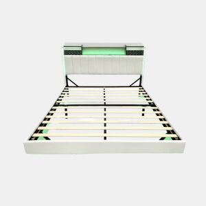 Cama em tecido de linho 160x200 cm - com tomada USB e estrado - Bege
