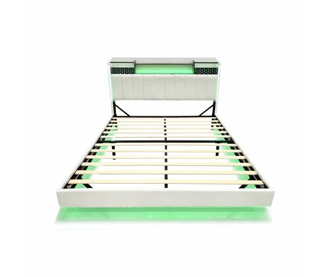Cama de tela de lino 160x200 cm - con toma usb y somier - beige