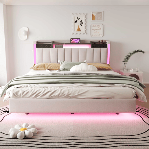 Cama em tecido de linho 160x200 cm - com tomada USB e estrado - Bege Cama em tecido de linho 160x200 cm - com tomada USB e estrado - Bege