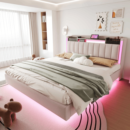 Cama em tecido de linho 160x200 cm - com tomada USB e estrado - Bege Cama em tecido de linho 160x200 cm - com tomada USB e estrado - Bege