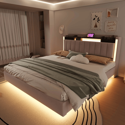 Cama em tecido de linho 160x200 cm - com tomada USB e estrado - Bege Cama em tecido de linho 160x200 cm - com tomada USB e estrado - Bege