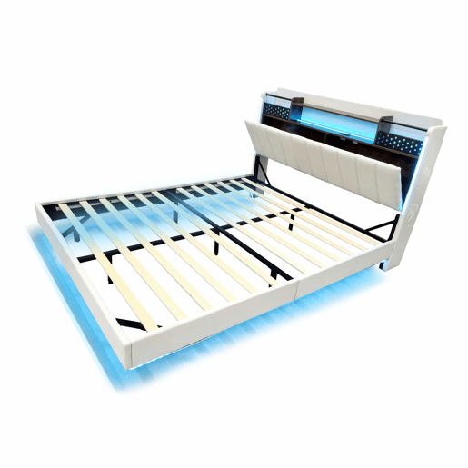 Cama em tecido de linho 160x200 cm - com tomada USB e estrado - Bege Cama em tecido de linho 160x200 cm - com tomada USB e estrado - Bege