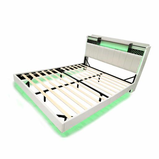 Cama em tecido de linho 160x200 cm - com tomada USB e estrado - Bege Cama em tecido de linho 160x200 cm - com tomada USB e estrado - Bege