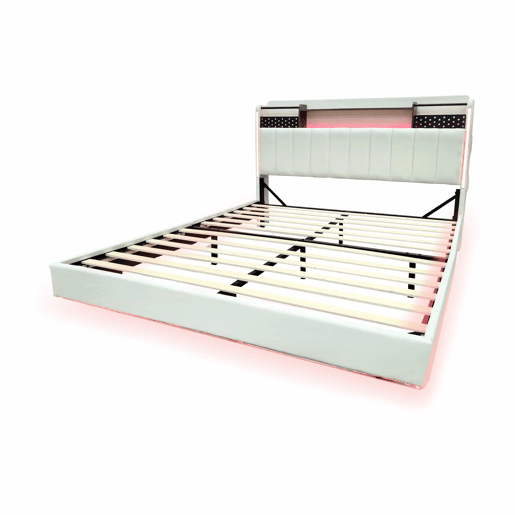 Cama em tecido de linho 160x200 cm - com tomada USB e estrado - Bege Cama em tecido de linho 160x200 cm - com tomada USB e estrado - Bege