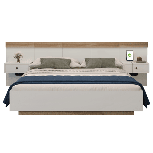 Cama para adultos 140x200 cm com mesas de cabeceira suspensas + portas LED e USB + estrado - madeira - branco Cama para adultos 140x200 cm com mesas de cabeceira suspensas + portas LED e USB + estrado - madeira - branco