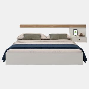 Cama para adultos 140x200 cm com mesas de cabeceira suspensas + portas LED e USB + estrado - madeira - branco