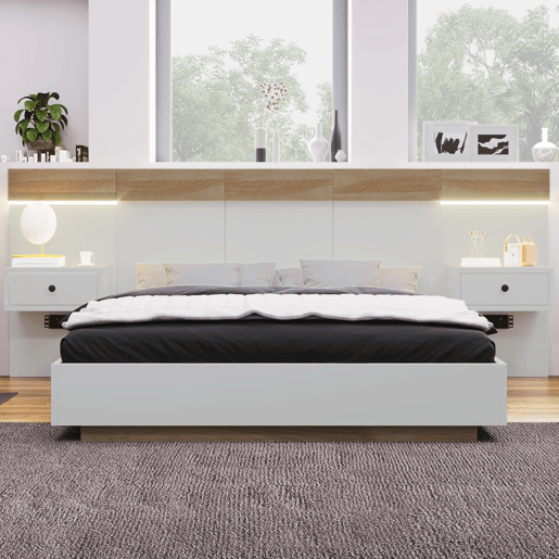 Cama para adultos 140x200 cm com mesas de cabeceira suspensas + portas LED e USB + estrado - madeira - branco Cama para adultos 140x200 cm com mesas de cabeceira suspensas + portas LED e USB + estrado - madeira - branco