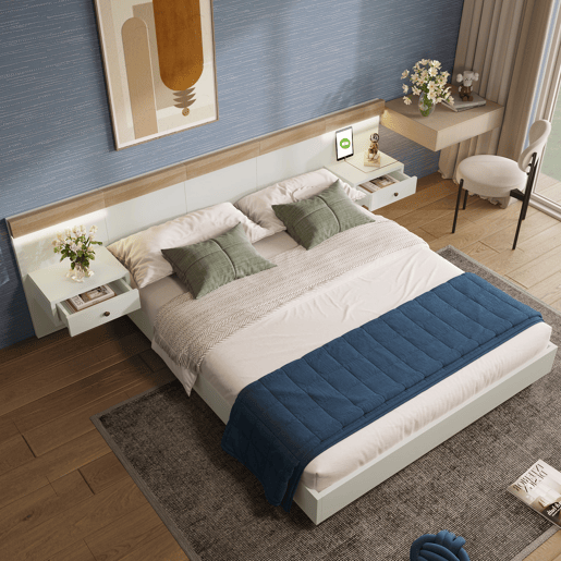 Cama para adultos 140x200 cm com mesas de cabeceira suspensas + portas LED e USB + estrado - madeira - branco Cama para adultos 140x200 cm com mesas de cabeceira suspensas + portas LED e USB + estrado - madeira - branco