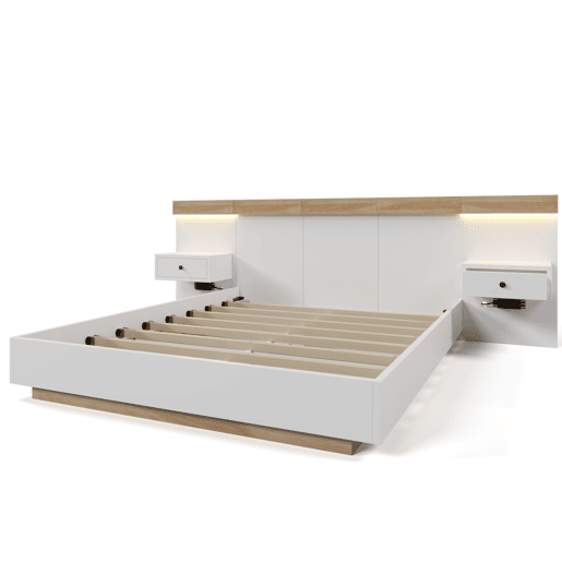 Cama para adultos 140x200 cm com mesas de cabeceira suspensas + portas LED e USB + estrado - madeira - branco Cama para adultos 140x200 cm com mesas de cabeceira suspensas + portas LED e USB + estrado - madeira - branco