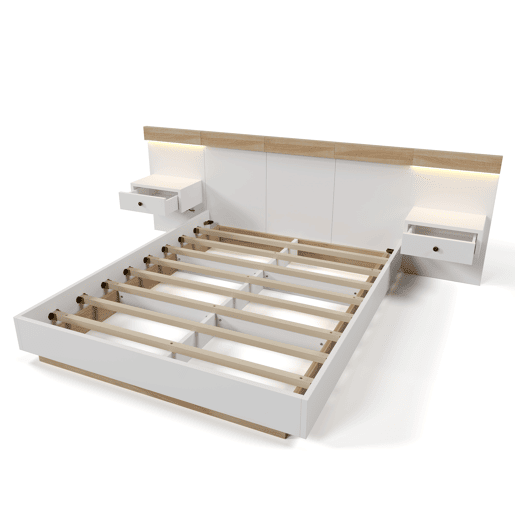 Cama para adultos 140x200 cm com mesas de cabeceira suspensas + portas LED e USB + estrado - madeira - branco Cama para adultos 140x200 cm com mesas de cabeceira suspensas + portas LED e USB + estrado - madeira - branco