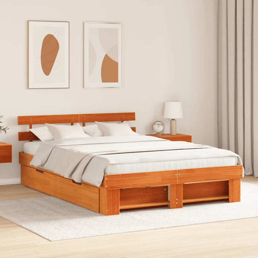 Estrutura de cama de casal simple com cabeceira - Marrom Cera 160 x 200 cm