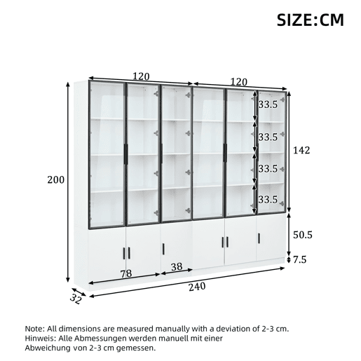Vitrine 240x32x200 cm - com LED e 12 portas, alta - branca