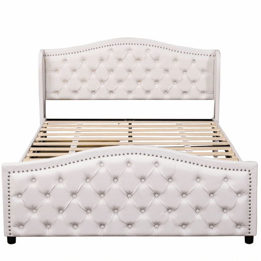 Cama de adulto estofada em imitação de pele - 160x200cm - com 2 gavetas - Branco
