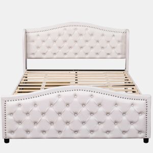 Cama de adulto estofada em imitação de pele - 160x200cm - com 2 gavetas - Branco