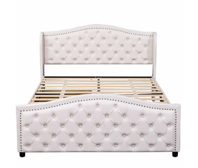 Cama para adultos acolchada en símil piel - 160x200cm - con 2 cajones - blanco