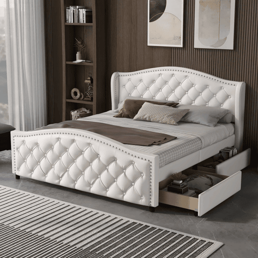 Cama de adulto estofada em imitação de pele - 160x200cm - com 2 gavetas - Branco