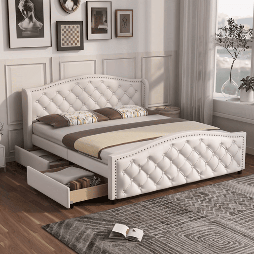 Cama de adulto estofada em imitação de pele - 160x200cm - com 2 gavetas - Branco
