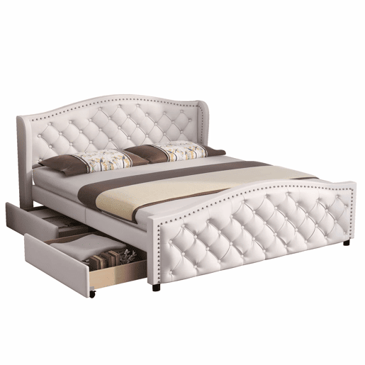 Cama de adulto estofada em imitação de pele - 160x200cm - com 2 gavetas - Branco