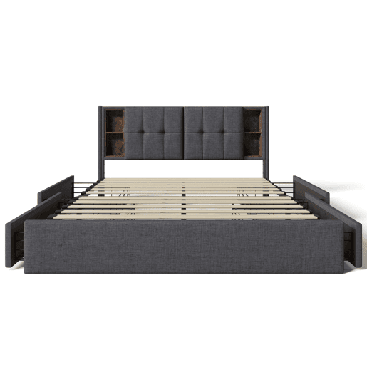 Cama estofada em linho com gavetas 160x200 cm - com carregamento sem fios e estrado - Cinzento Cama estofada em linho com gavetas 160x200 cm - com carregamento sem fios e estrado - Cinzento