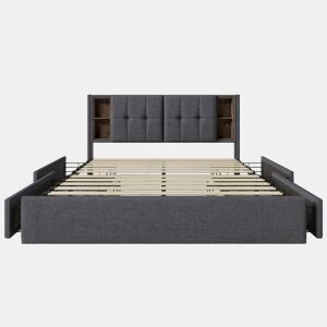 Cama estofada em linho com gavetas 160x200 cm - com carregamento sem fios e estrado - Cinzento