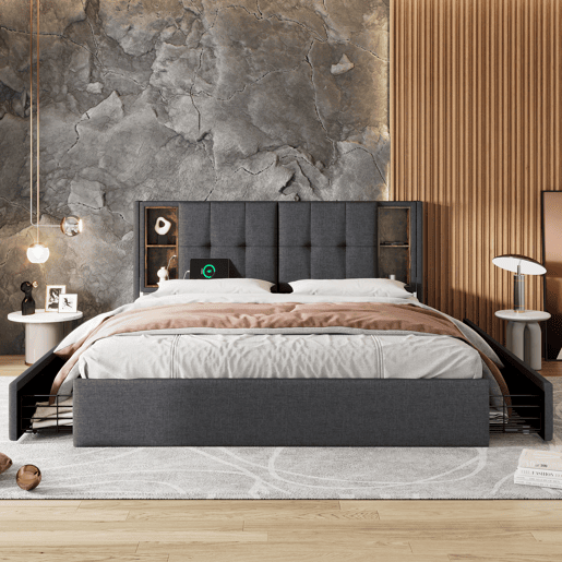 Cama estofada em linho com gavetas 160x200 cm - com carregamento sem fios e estrado - Cinzento Cama estofada em linho com gavetas 160x200 cm - com carregamento sem fios e estrado - Cinzento