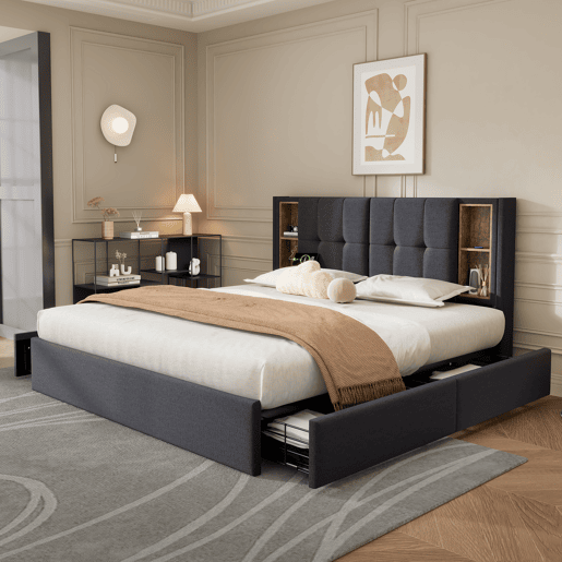 Cama estofada em linho com gavetas 160x200 cm - com carregamento sem fios e estrado - Cinzento Cama estofada em linho com gavetas 160x200 cm - com carregamento sem fios e estrado - Cinzento