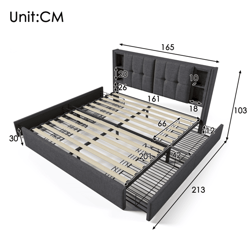 Cama estofada em linho com gavetas 160x200 cm - com carregamento sem fios e estrado - Cinzento Cama estofada em linho com gavetas 160x200 cm - com carregamento sem fios e estrado - Cinzento