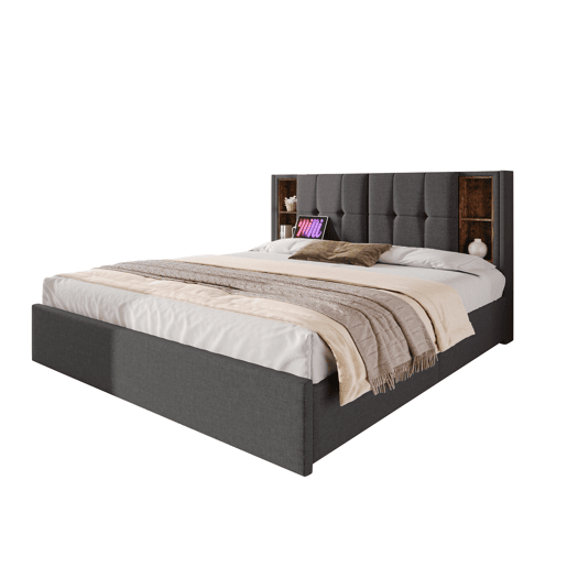 Cama estofada em linho com gavetas 160x200 cm - com carregamento sem fios e estrado - Cinzento Cama estofada em linho com gavetas 160x200 cm - com carregamento sem fios e estrado - Cinzento