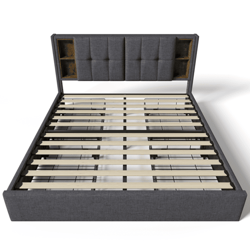 Cama estofada em linho com gavetas 160x200 cm - com carregamento sem fios e estrado - Cinzento Cama estofada em linho com gavetas 160x200 cm - com carregamento sem fios e estrado - Cinzento