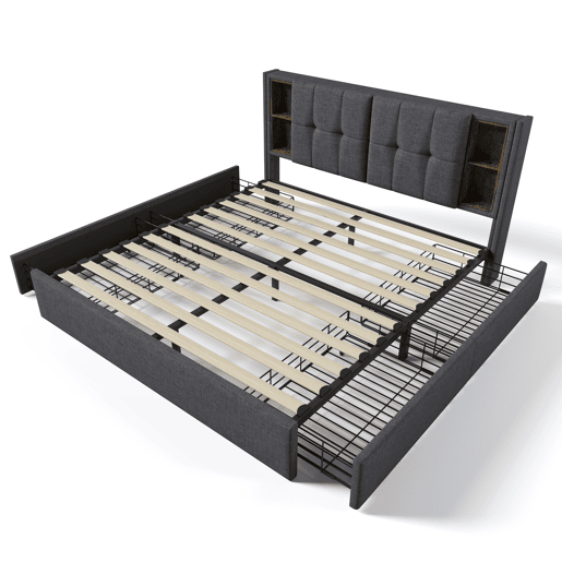Cama estofada em linho com gavetas 160x200 cm - com carregamento sem fios e estrado - Cinzento Cama estofada em linho com gavetas 160x200 cm - com carregamento sem fios e estrado - Cinzento
