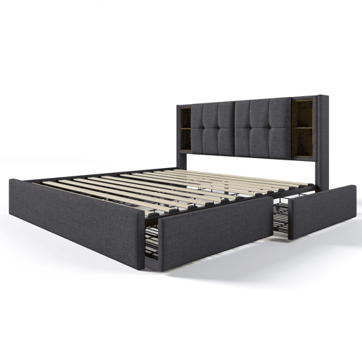 Cama estofada em linho com gavetas 160x200 cm - com carregamento sem fios e estrado - Cinzento Cama estofada em linho com gavetas 160x200 cm - com carregamento sem fios e estrado - Cinzento
