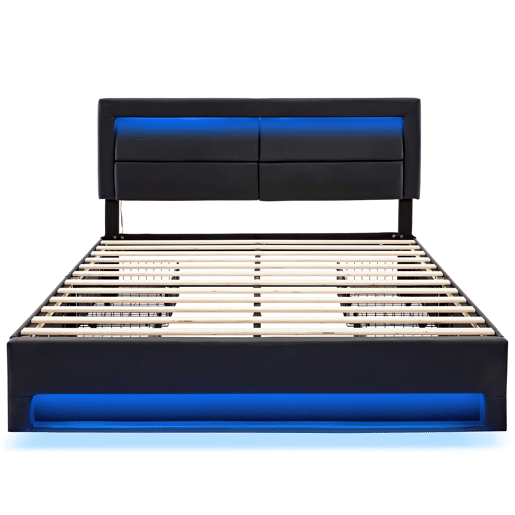 Cama de casal 140x200 cm em imitação de pele com LED - 4 gavetas - com portas de carregamento (com e sem fios) - Preto Cama de casal 140x200 cm em imitação de pele com LED - 4 gavetas - com portas de carregamento (com e sem fios) - Preto