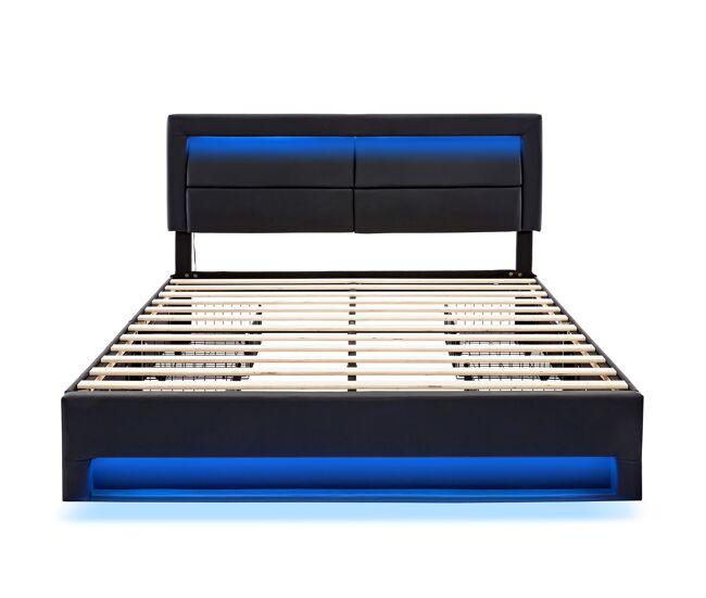 Cama doble 140x200 cm en símil piel con led - 4 cajones - con puertos de carga (por cable e inalámbrico) - negro