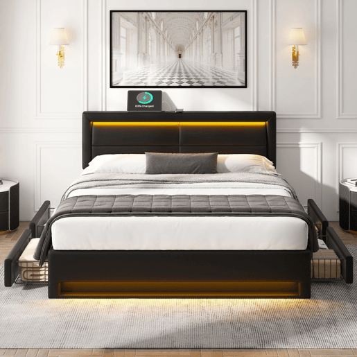 Cama de casal 140x200 cm em imitação de pele com LED - 4 gavetas - com portas de carregamento (com e sem fios) - Preto Cama de casal 140x200 cm em imitação de pele com LED - 4 gavetas - com portas de carregamento (com e sem fios) - Preto