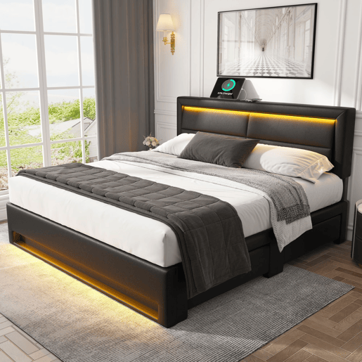 Cama de casal 140x200 cm em imitação de pele com LED - 4 gavetas - com portas de carregamento (com e sem fios) - Preto Cama de casal 140x200 cm em imitação de pele com LED - 4 gavetas - com portas de carregamento (com e sem fios) - Preto