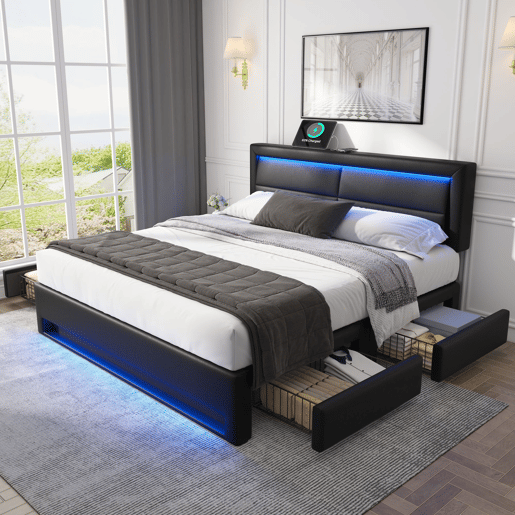 Cama de casal 140x200 cm em imitação de pele com LED - 4 gavetas - com portas de carregamento (com e sem fios) - Preto Cama de casal 140x200 cm em imitação de pele com LED - 4 gavetas - com portas de carregamento (com e sem fios) - Preto
