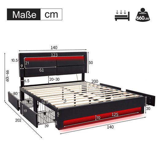 Cama de casal 140x200 cm em imitação de pele com LED - 4 gavetas - com portas de carregamento (com e sem fios) - Preto Cama de casal 140x200 cm em imitação de pele com LED - 4 gavetas - com portas de carregamento (com e sem fios) - Preto