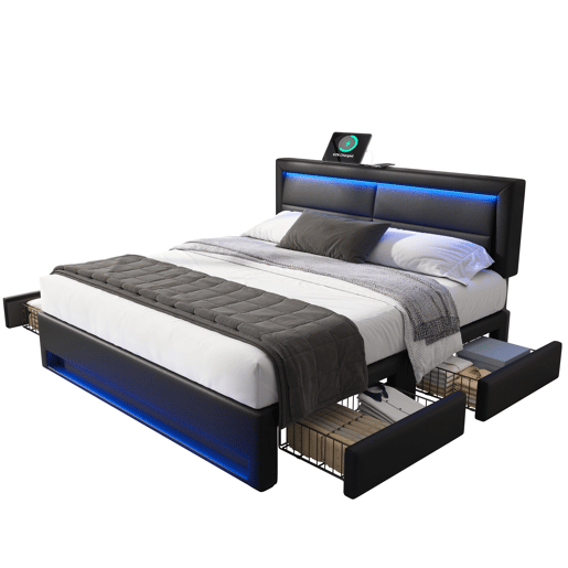 Cama de casal 140x200 cm em imitação de pele com LED - 4 gavetas - com portas de carregamento (com e sem fios) - Preto Cama de casal 140x200 cm em imitação de pele com LED - 4 gavetas - com portas de carregamento (com e sem fios) - Preto