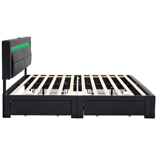 Cama de casal 140x200 cm em imitação de pele com LED - 4 gavetas - com portas de carregamento (com e sem fios) - Preto Cama de casal 140x200 cm em imitação de pele com LED - 4 gavetas - com portas de carregamento (com e sem fios) - Preto
