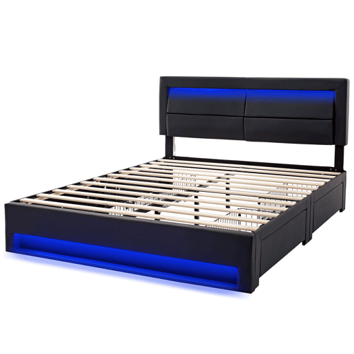 Cama de casal 140x200 cm em imitação de pele com LED - 4 gavetas - com portas de carregamento (com e sem fios) - Preto Cama de casal 140x200 cm em imitação de pele com LED - 4 gavetas - com portas de carregamento (com e sem fios) - Preto