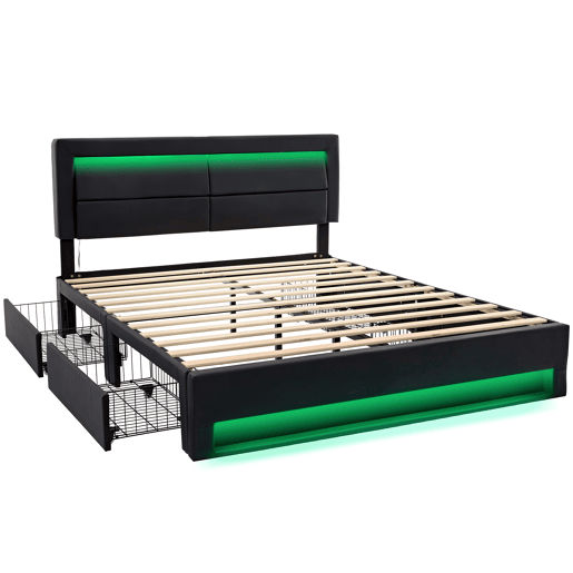 Cama de casal 140x200 cm em imitação de pele com LED - 4 gavetas - com portas de carregamento (com e sem fios) - Preto Cama de casal 140x200 cm em imitação de pele com LED - 4 gavetas - com portas de carregamento (com e sem fios) - Preto