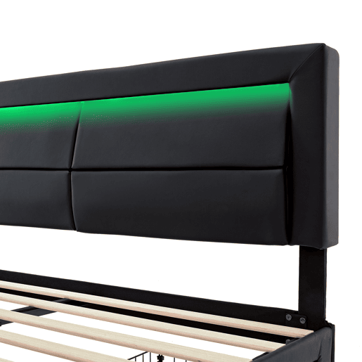Cama de casal 140x200 cm em imitação de pele com LED - 4 gavetas - com portas de carregamento (com e sem fios) - Preto Cama de casal 140x200 cm em imitação de pele com LED - 4 gavetas - com portas de carregamento (com e sem fios) - Preto