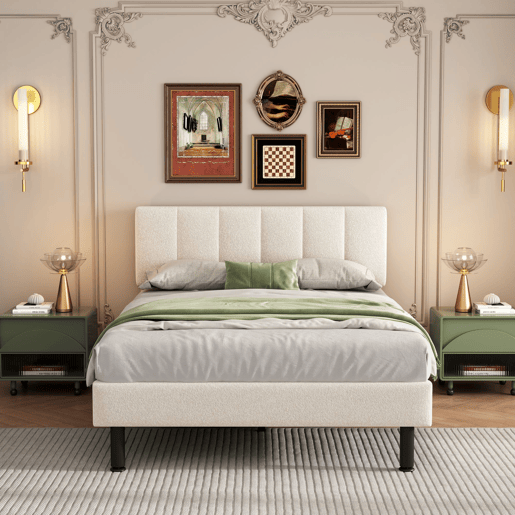 Cama 140x190cm estofada em sherpa - com estrado de molas - Bege