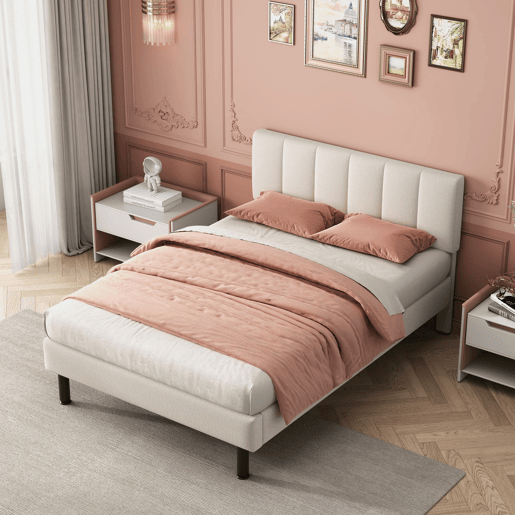 Cama 140x190cm estofada em sherpa - com estrado de molas - Bege