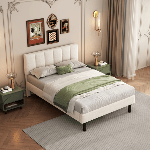 Cama 140x190cm estofada em sherpa - com estrado de molas - Bege